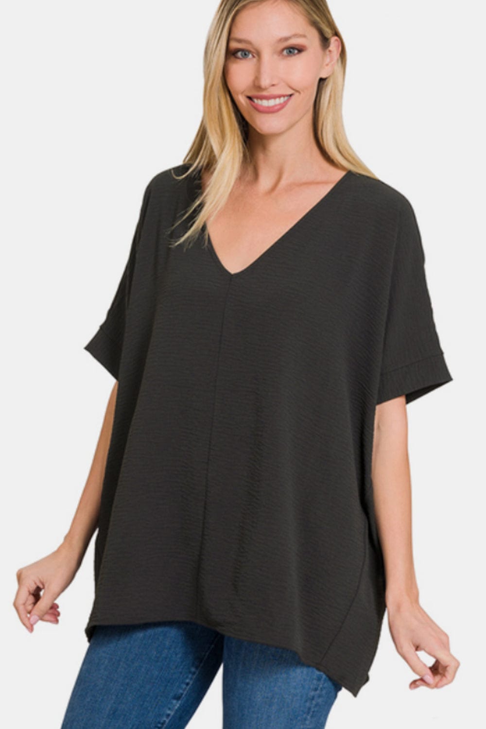 Zenana Full Size V-Neck Short Sleeve Top Top Trendsi BLACK / S