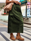 Drawstring Waist Slit Denim Skirt Bottoms Trendsi Army Green / S
