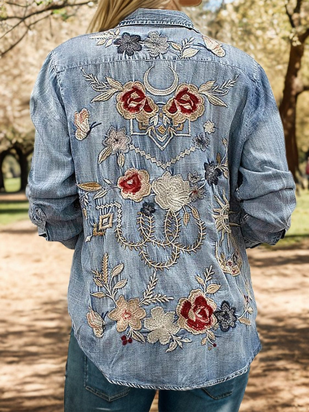 Embroidered Pocketed Button Up Denim Shirt Top Trendsi Light / S