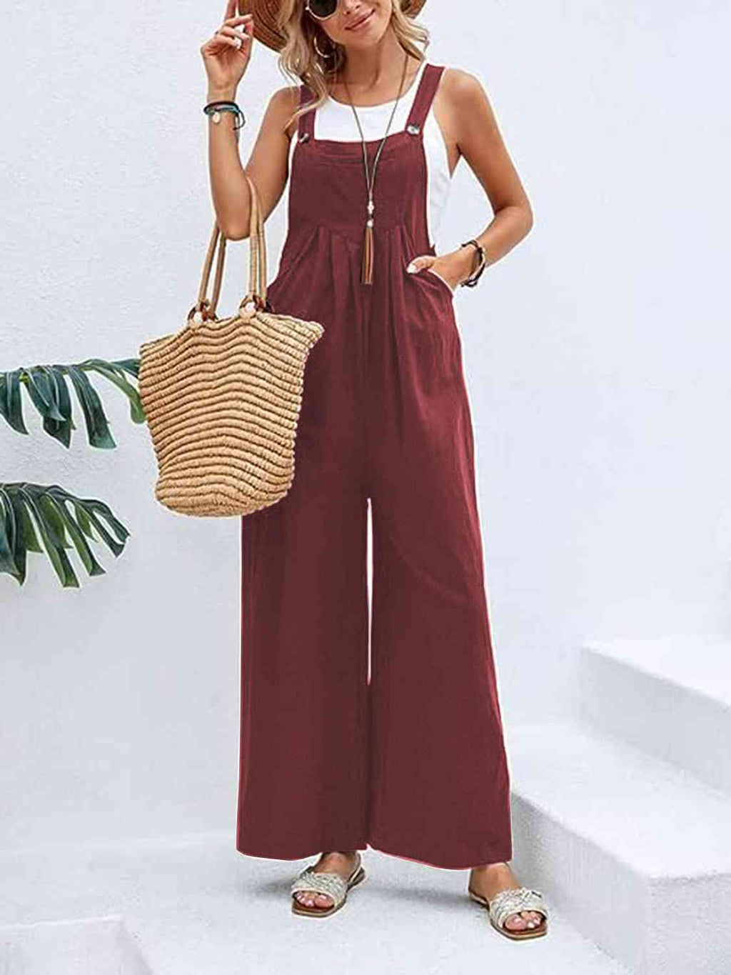 Full Size Wide Leg Overalls with Pockets Top Trendsi Wine / S