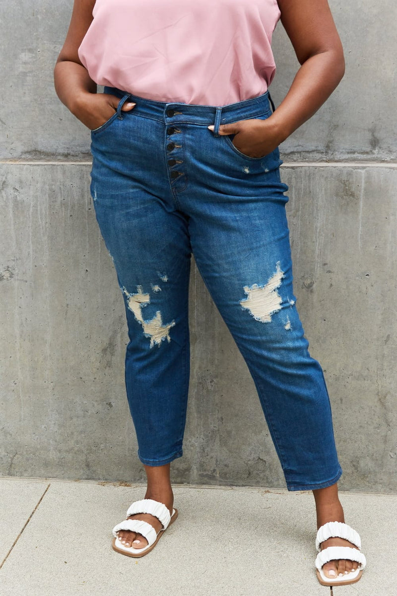 Judy Blue Melanie Full Size High Waisted Distressed Boyfriend Jeans Bottoms Trendsi