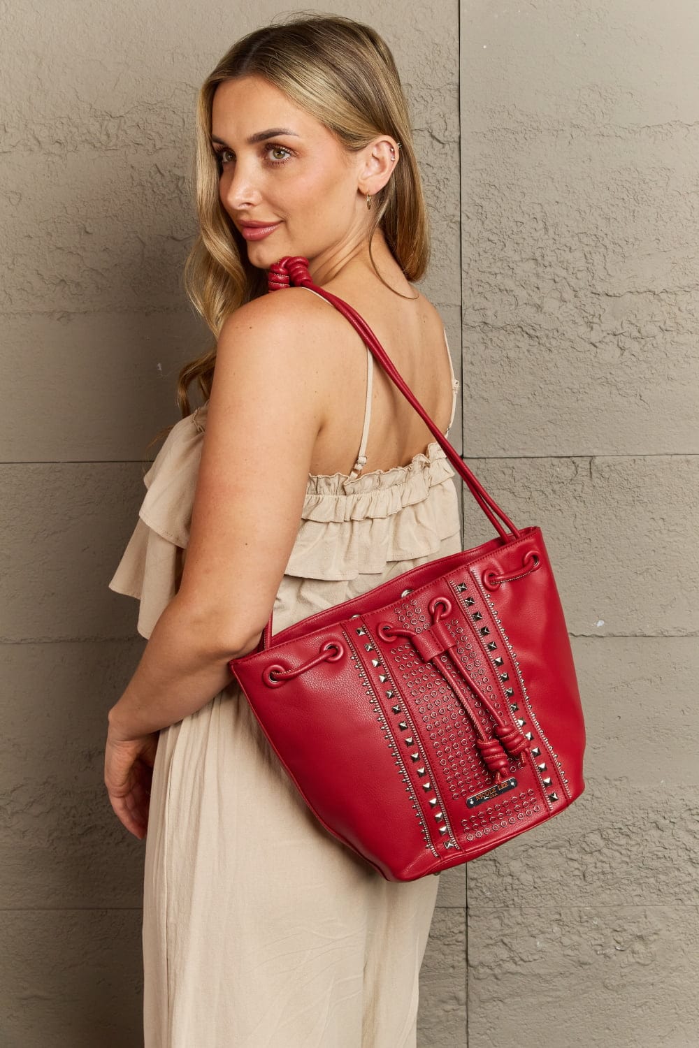 Nicole Lee USA Amy Studded Bucket Bag Crossbody Bag Trendsi Deep Red / One Size