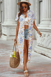 Printed Open Front Short Sleeve Cover-Up Cardigan Trendsi