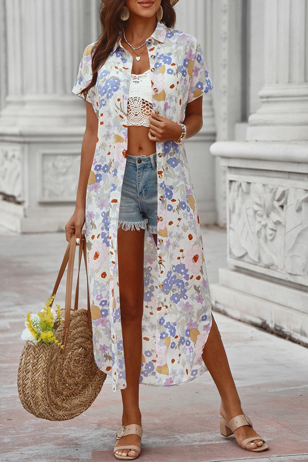 Printed Open Front Short Sleeve Cover-Up Cardigan Trendsi Floral / S