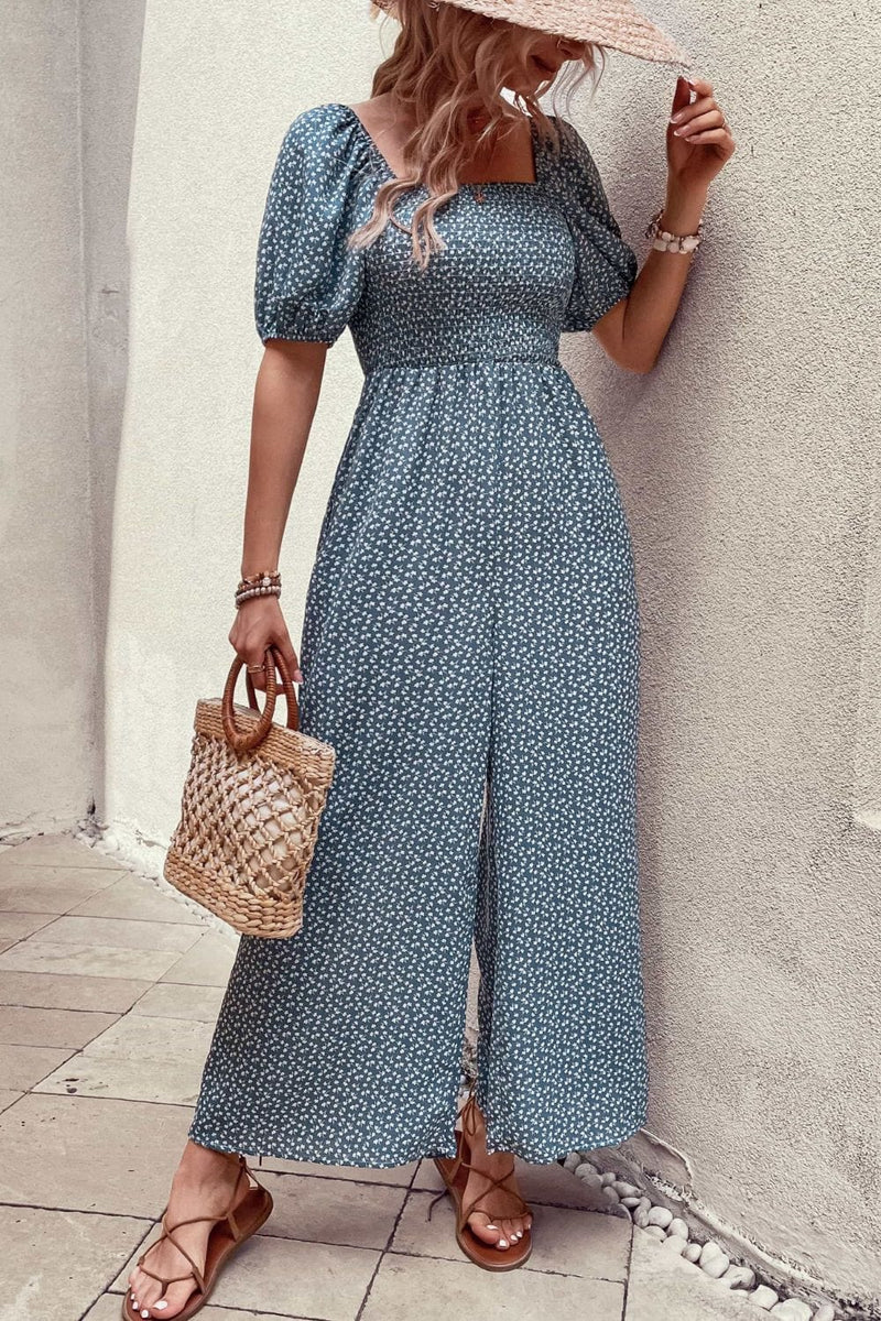 Printed Square Neck Jumpsuit with Pockets Dress Trendsi