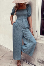 Printed Square Neck Jumpsuit with Pockets Dress Trendsi Azure / S