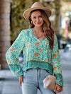 Printed Tie Neck Long Sleeve Blouse Top Trendsi Tiffany Blue / S