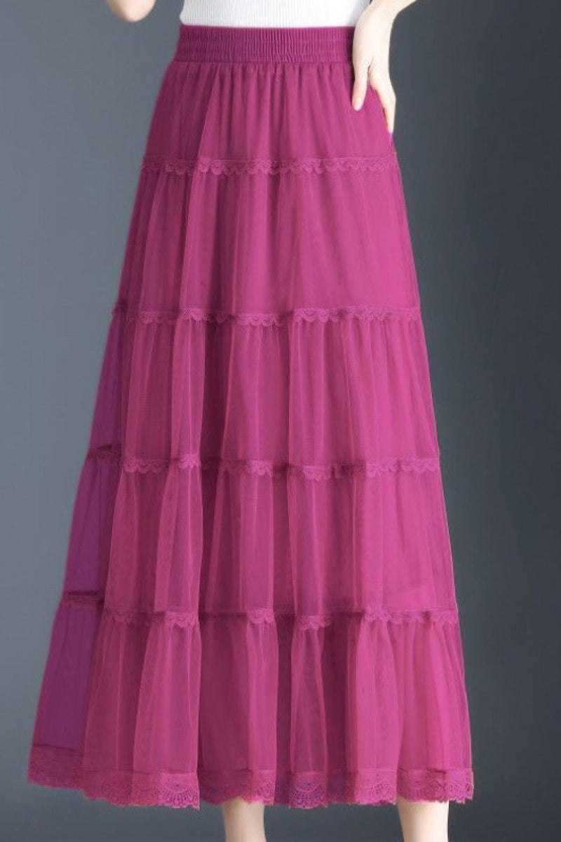 Smocked Lace Trim Midi Skirt Bottoms Trendsi