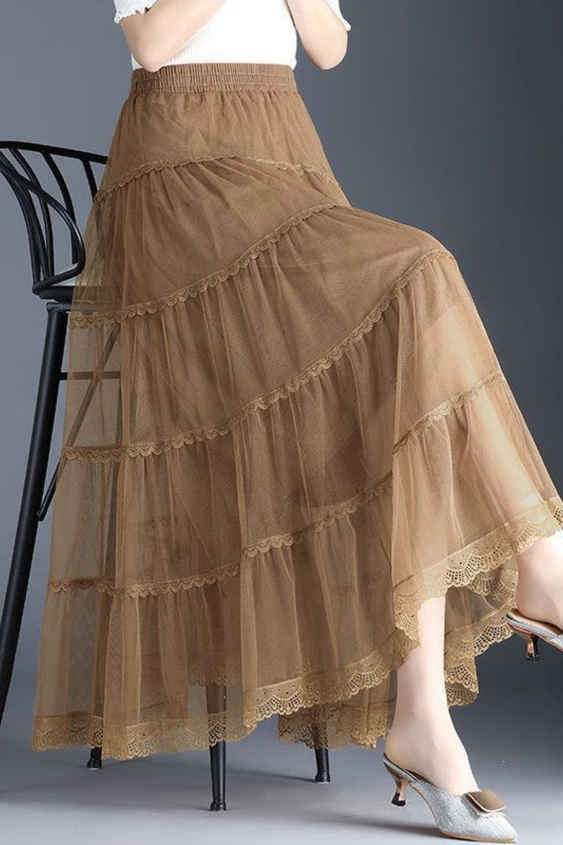 Smocked Lace Trim Midi Skirt Bottoms Trendsi Camel / One Size