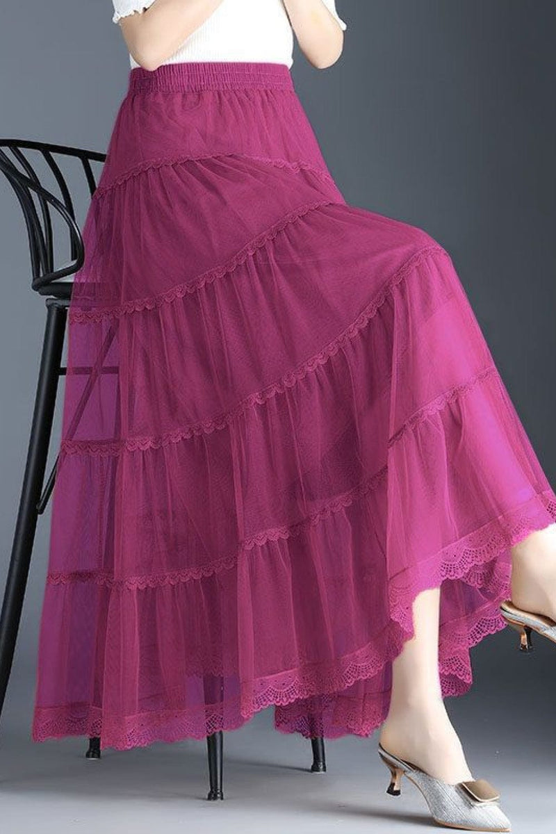 Smocked Lace Trim Midi Skirt Bottoms Trendsi Deep Rose / One Size
