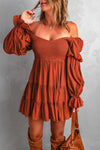Smocked Off-Shoulder Tiered Mini Dress Trendsi Brown / S