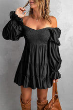 Smocked Off-Shoulder Tiered Mini Dress Dress Trendsi Black / XL