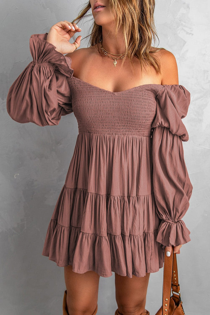 Smocked Off-Shoulder Tiered Mini Dress Dress Trendsi Chestnut / S