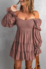 Smocked Off-Shoulder Tiered Mini Dress Dress Trendsi Chestnut / XL