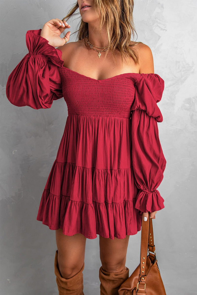 Smocked Off-Shoulder Tiered Mini Dress Dress Trendsi Red / L