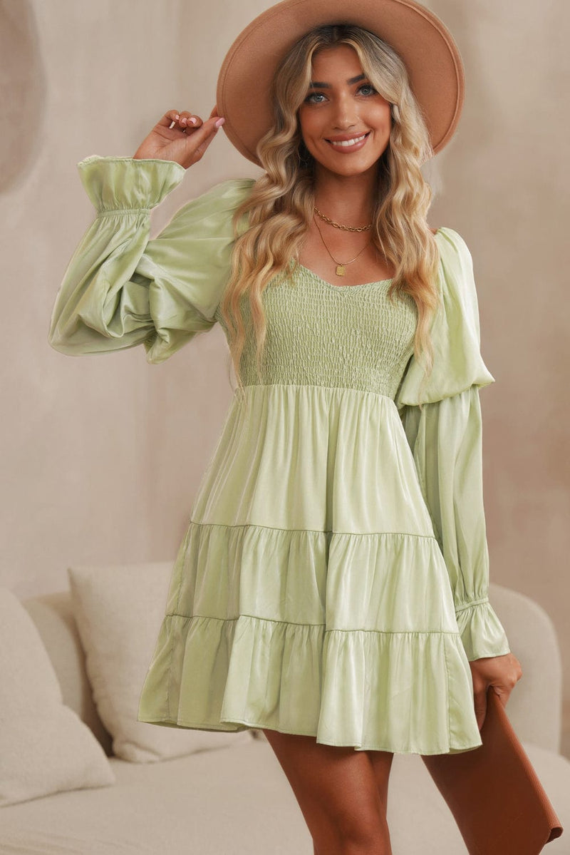 Smocked Off-Shoulder Tiered Mini Dress Trendsi Green / S