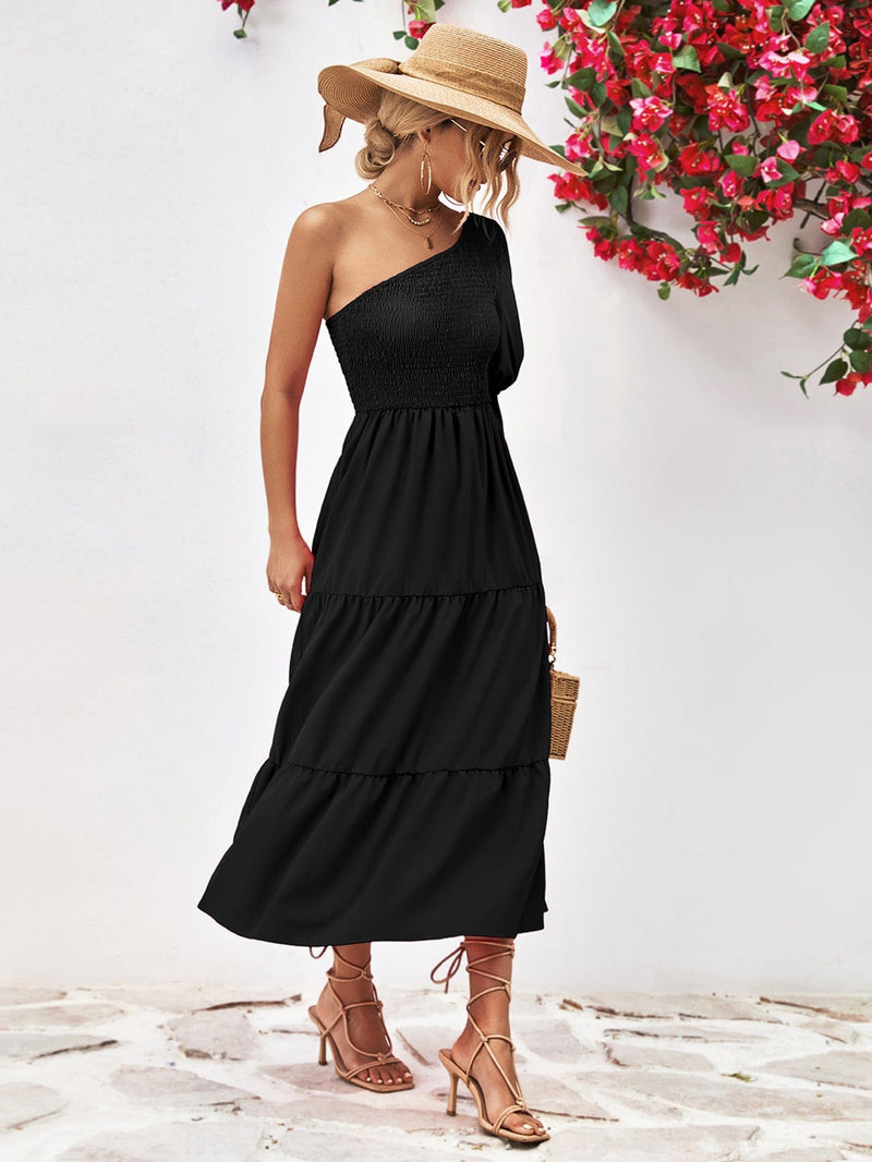 Smocked One-Shoulder Midi Dress Dress Trendsi