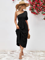 Smocked One-Shoulder Midi Dress Dress Trendsi Black / S