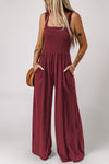 Smocked Square Neck Wide Leg Jumpsuit with Pockets Top Trendsi Wine / S