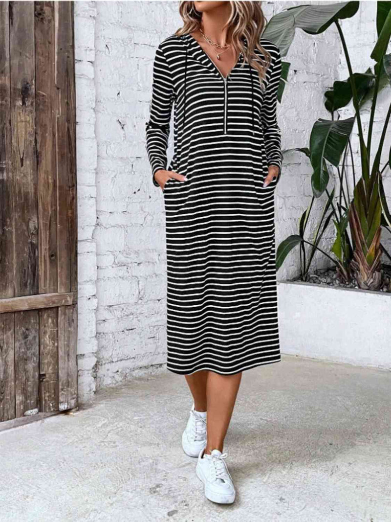 Striped Zip Front Hooded Dress Dress Trendsi