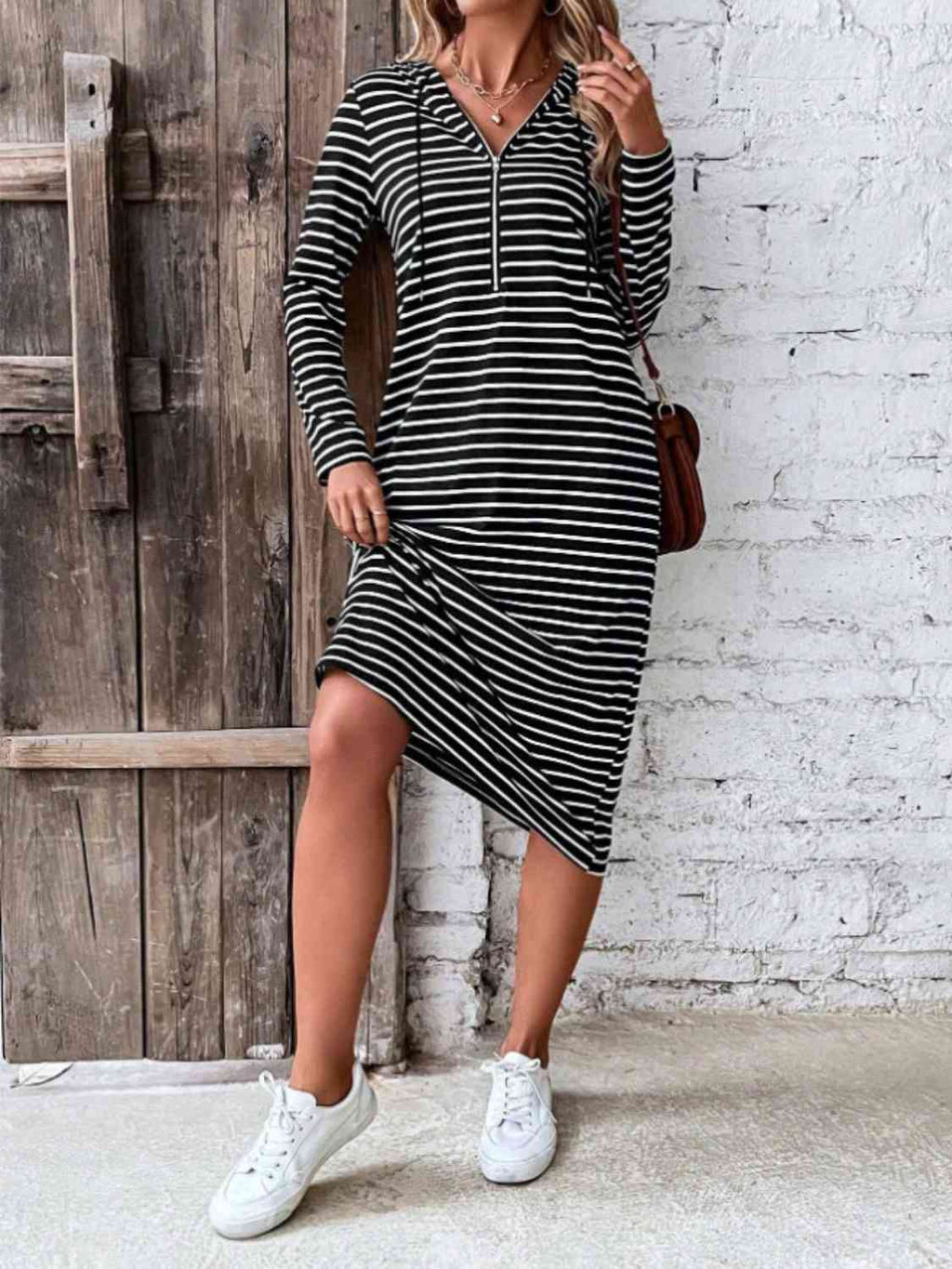Striped Zip Front Hooded Dress Dress Trendsi Black / S